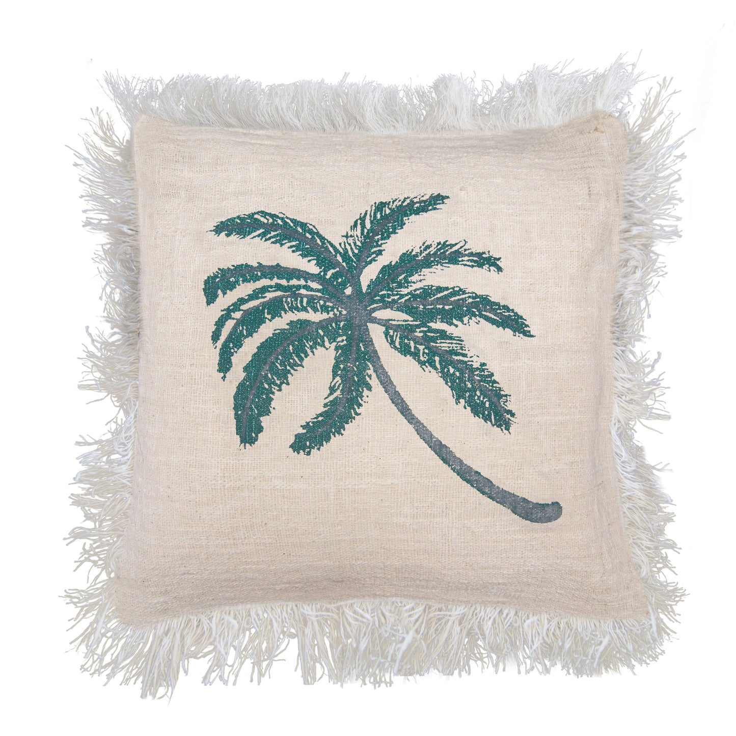 Linen Cushion Cover Palm Tree with Fringe Size 60x60cm
