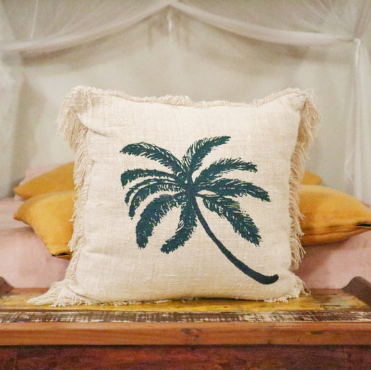 Linen Cushion Cover Palm Tree with Fringe Size 60x60cm