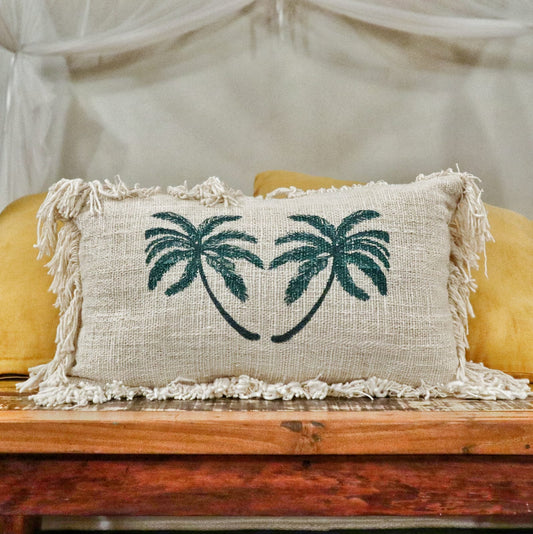 Small Linen Cushion Cover Palm Tree with Fringe 30x50cm