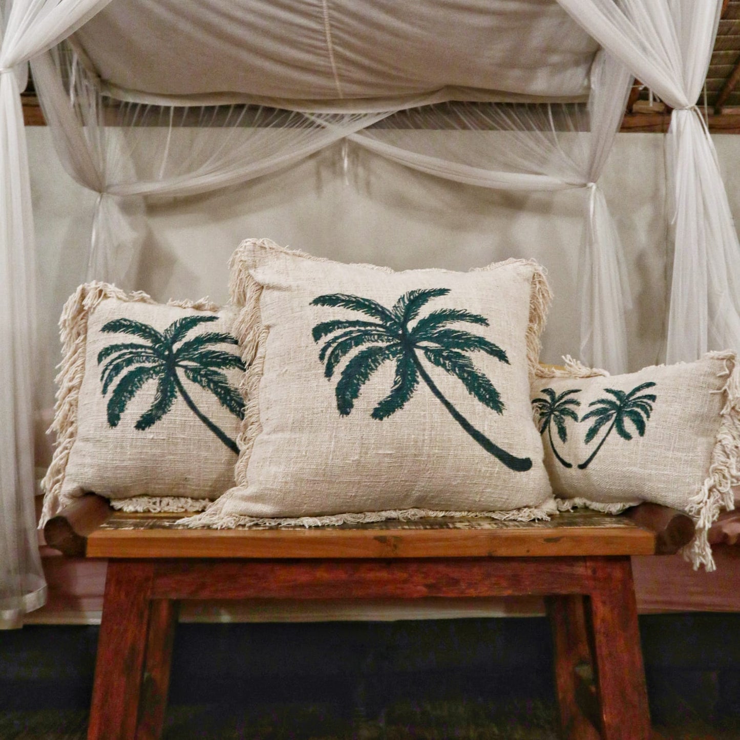 Small Linen Cushion Cover Palm Tree with Fringe 30x50cm