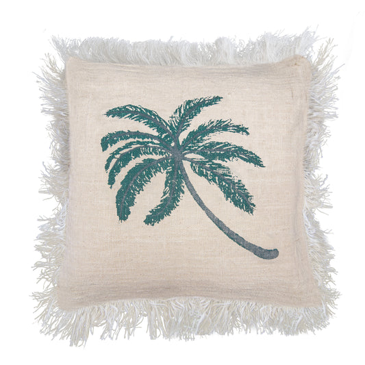 Linen Cushion Cover Palm Tree with Fringe Size 60x60cm