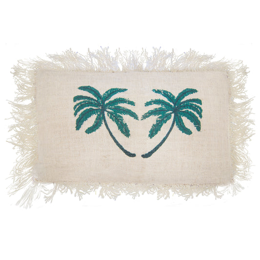 Small Linen Cushion Cover Palm Tree with Fringe 30x50cm